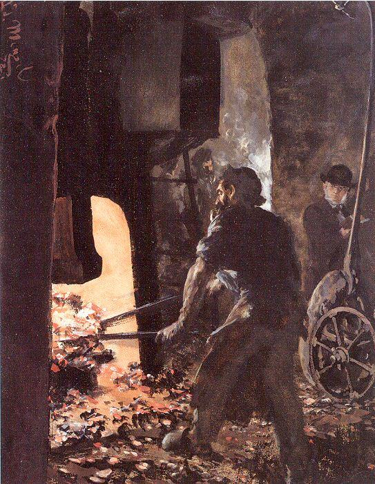 Adolph von Menzel Self-Portrait with Worker near the Steam-hammer